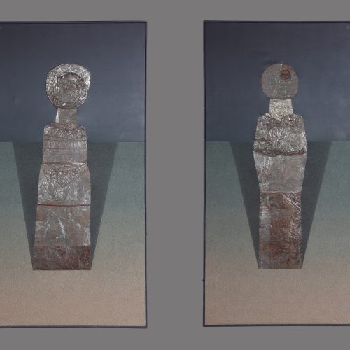 DÍPTICO DE ALEJANDRO ARÓSTEGUI. ADÁN Y EVA. 1993. TÉCNICA MIXTA. FIRMADO Y ENMARCADO